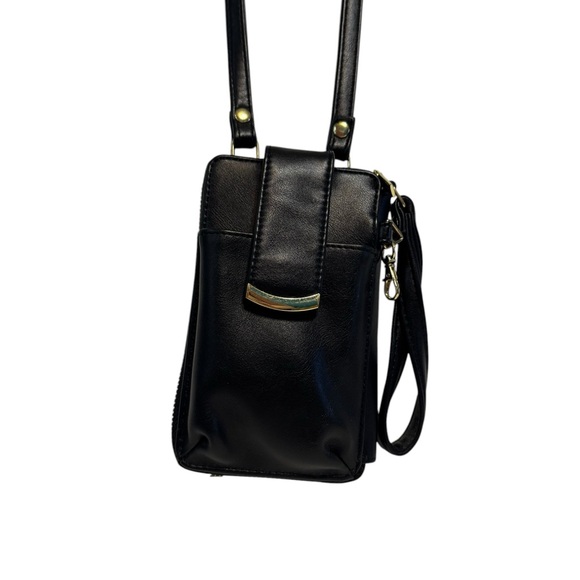 Handbags - Classic Black Crossbody Phone Bag with Gold Accent